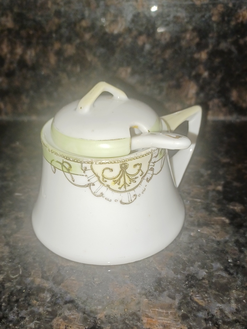 RARE Antique Nippon RC Hand Painted Gold Mustard Pot & Spoon Set MINT
